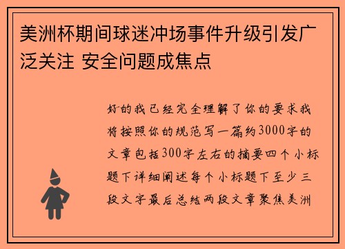 美洲杯期间球迷冲场事件升级引发广泛关注 安全问题成焦点